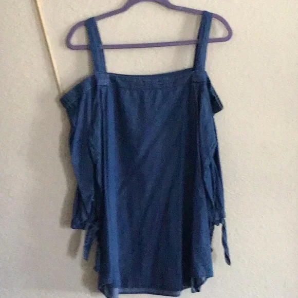 FEMININE DENIM BLUE OFF SHOULDER DETAILS W/OPEN SHOULDER, GATHERED SLEEVES XL - Picture 5 of 7